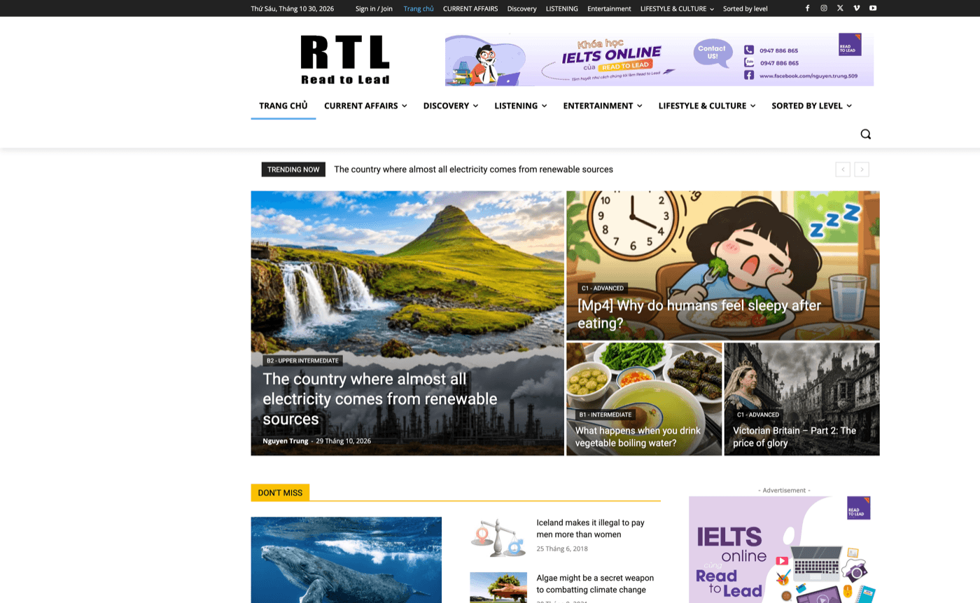 Screenshot trang chủ Read to Lead — đọc báo song ngữ theo cấp CEFR