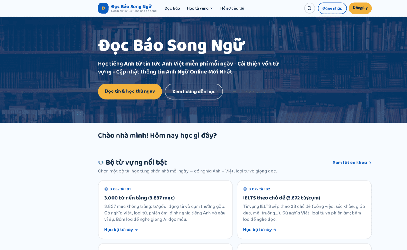 Screenshot trang chủ Đọc Báo Song Ngữ — tin nóng Anh Việt và khóa từ vựng