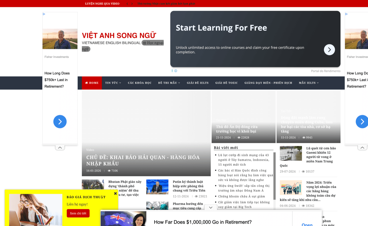Screenshot Việt Anh Song Ngữ — cổng tin và bài học song ngữ