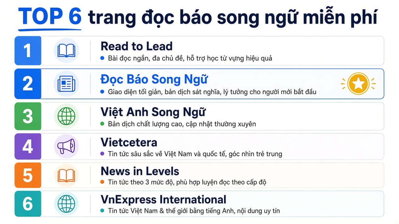 Infographic TOP 6 trang đọc báo song ngữ Anh Việt miễn phí — Đọc Báo Song Ngữ hạng 2